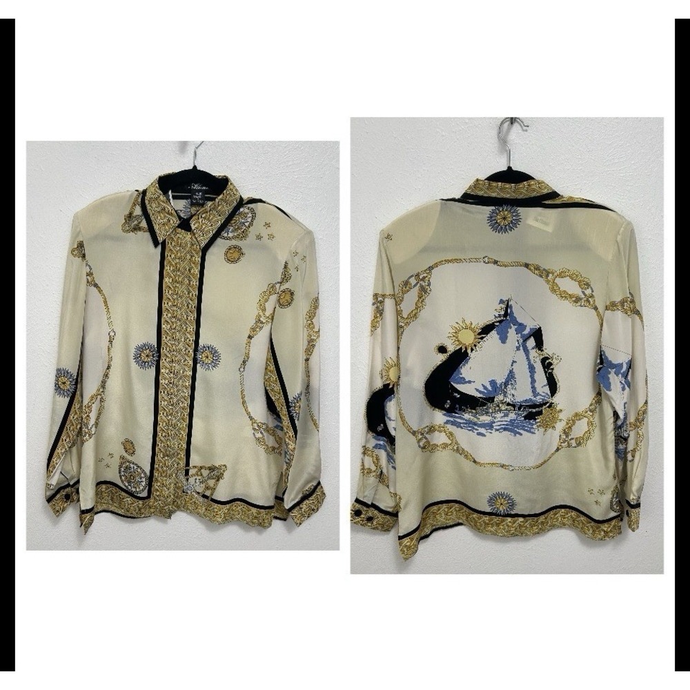VTG 90s Aluna 100% Silk Barroco Blouse Beige Nautical Print Ship Size 10 Beige
